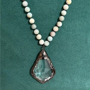 Amazonite Beaded Necklace w/ Large Faceted Crystal Pendant 17.5” Boho Statement